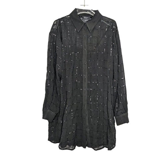 Anthropologie Dresses & Skirts - Anthropologie Rinku Dalamal Black Sequin Shirt Dress Long Sleeve Sheer Button Up